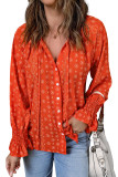 Red Print Tie V Neck Button Up Blouse