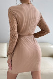 V Neck Rib Knit Splicing Crochet Lace Long Sleeves Dress