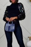 Dark Blue Sequin Puff Long Sleeves Top