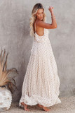 Beige Pattern Print Tiered Ruffled Spaghetti Strap V Neck Maxi Dress