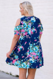 Blue Floral Plus Size Cold Shoulder Ruffle Pocket Mini Dress