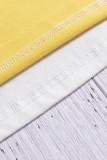 Yellow Color Block Splicing O-Neck Long Sleeve Tops