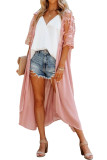 Pink Floral Mesh Lace Crochet Open Front Kimono