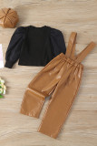 Girl Puffy Sleeves Knit Top with Brown PU Jumpsuit 2pcs Set