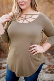 Brown 3/4 Sleeve Cut out Neckline Plus Size Top