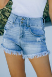 Light Blue Ripped Tasseled Hem Denim Shorts