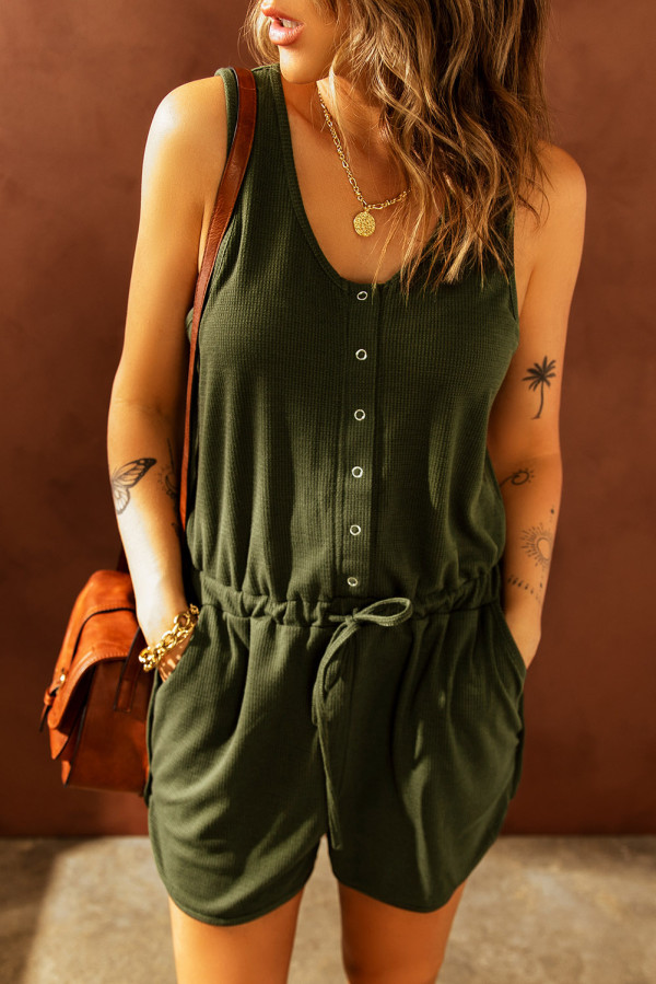 Green Buttons Drawstring Elastic Waist Sleeveless Romper