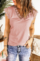 Pink Lace Crochet Ribbed V Neck Tank Top