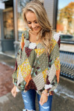 Green Square Neck Mixed Print Blouse