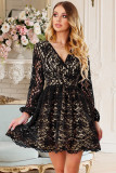Black V Neck Lace Skater Mini Dress