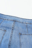 Sky Blue High Waist Raw Hem Button Ripped Flare Jeans