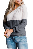 Gray V Neck Colorblock Waffle Knit Top