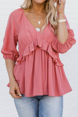 Pink Ruffled Half Sleeve V Neck Babydoll Top