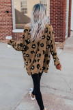 Brown Crew Collar Leopard Print High/Low Hem Long Sleeve Top