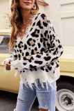 V Neck Leopard Ripped Tassle Knitting Sweater