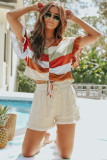 Multicolor Stripe V-Neck Ruffle Sleeve Ruched Top