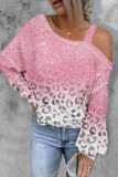 Pink Leopard Patchwork One Shoulder Long Sleeve Top
