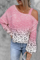 Pink Leopard Patchwork One Shoulder Long Sleeve Top