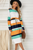 Green Multicolor Block Drawstring Waist Long Sleeve Midi Dress