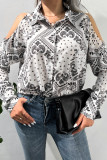 Black White Paisley Print Open Button Cold Shoulder Long Sleeves Shirts