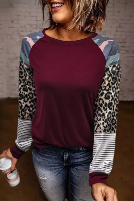 Burgundy Camouflage Striped Leopard Splicing Blouse