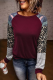 Burgundy Camouflage Striped Leopard Splicing Blouse