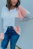 Colorblock Striped Splicing Waffle Knit Long Sleeve Top