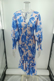 Deep V Neck Floral Print Balloon Sleeve Slim Dress