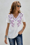 Purple Floral Pattern V Neck Short Sleeve Top