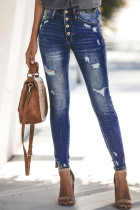 Multi Buttons Washed Ripped High Waist Skinny Jeans