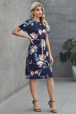 Blue Short Sleeve Pocketed Drawstring Casual Floral Dress