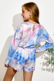 Sky Blue Long Sleeve Elastic Waist Tie-dye Girl's Romper