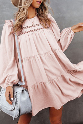 Pink Crewneck Lantern Sleeve Hollow-Out Tiered Dress with Pocket