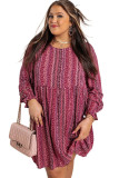 Wine Ditsy Floral Print Long Sleeve Plus Size Mini Dress