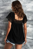 Black Lace Pom Pom Splicing Square Neck Blouse