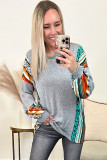 Gray Leopard Serape Drop Shoulder Bubble Sleeves Knit Top