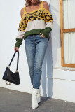 Leopard Color Block Drew Shoulder Knit Sweaters
