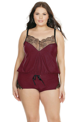 Red Plus Size Microfiber & Scalloped Eyelash Lace Romper