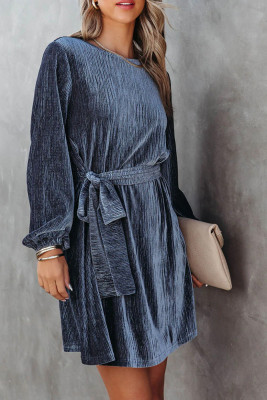 Puff Sleeves Waist Tie Velvet Mini Dress