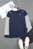 Blue Striped Star Print Patchwork Long Sleeve Top