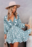 Green V Neck 3/4 Sleeve Bohemian Vintage Print Mini Dress