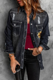 Sunflower Print Distressed Pocket Raw Hem Denim Jacket