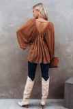 Brown Swiss Dot Lace-up V Neck Long Sleeve Top