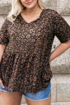 Black Leopard Print Ruffled V Neck Plus Size T-shirt