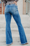 Sky Blue Seamed Raw Hem High Rise Flare Jeans