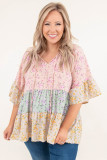 Multicolor Floral Jacquard Color Block Ruffled Plus Size Blouse