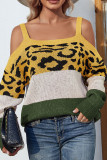 Leopard Color Block Drew Shoulder Knit Sweaters
