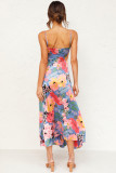 Multicolor Floral Print Bust Knot Long Dress with Slit