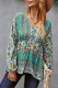 Green Floral Print Loose Drawstring V Neck Blouse