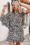 Leopard Print Crewneck Flare Sleeve Mini Dress